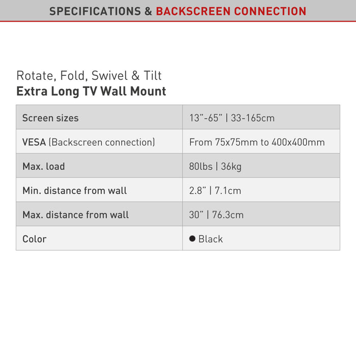 Barkan Uchwyt Ścienny do Telewizora Extra długi 13 - 65 cali | Maks. 36 kg | VESA 400x400